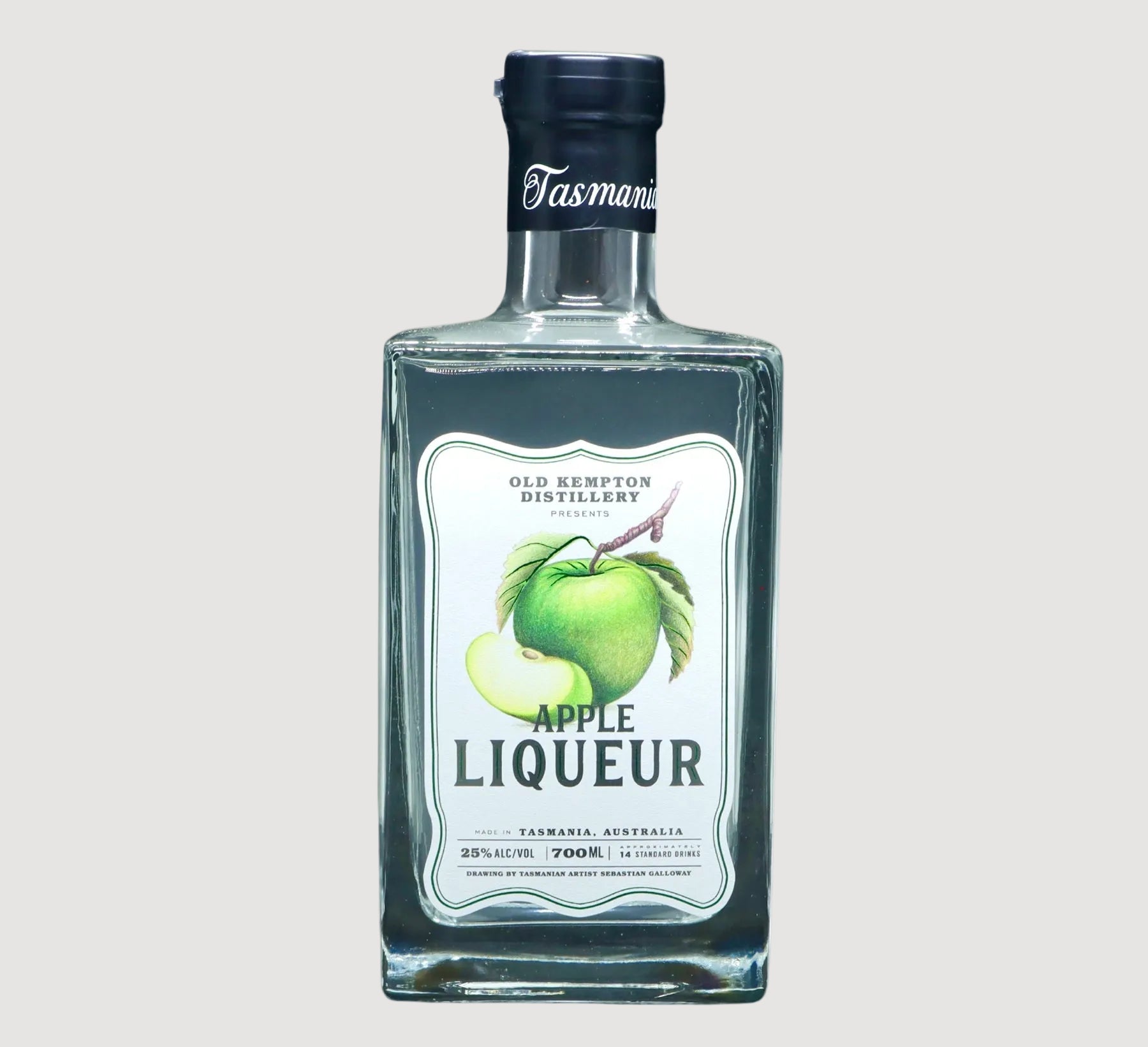 Bottle of Tasmanian Old Kempton Distillery Apple Liqueur on a white background