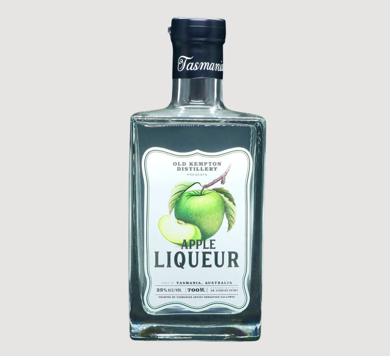 Bottle of Tasmanian Old Kempton Distillery Apple Liqueur on a white background