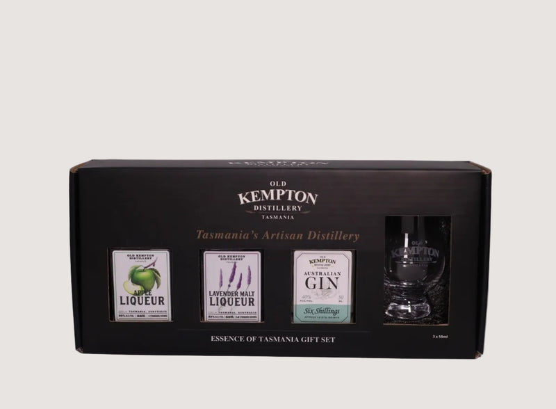 Old Kempton Distillery gift set with bottles and a glass on a white background