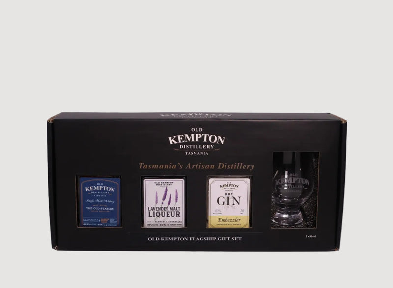 Old Kempton Distillery gift set with bottles and packaging on a white background