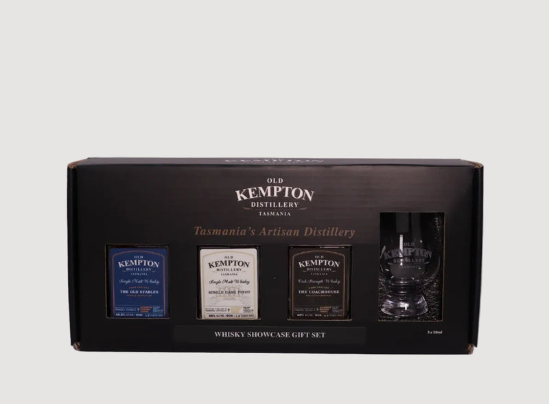 Old Kempton Distillery whisky showcase gift set with bottles and a glass on a white background