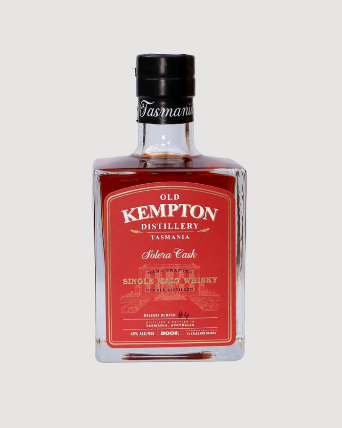 Bottle of Old Kempton Distillery Tasmanian whisky on a white background
